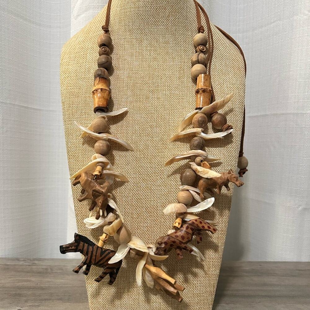 Artisan wood animal necklace carved animals wooden beads shells #H50